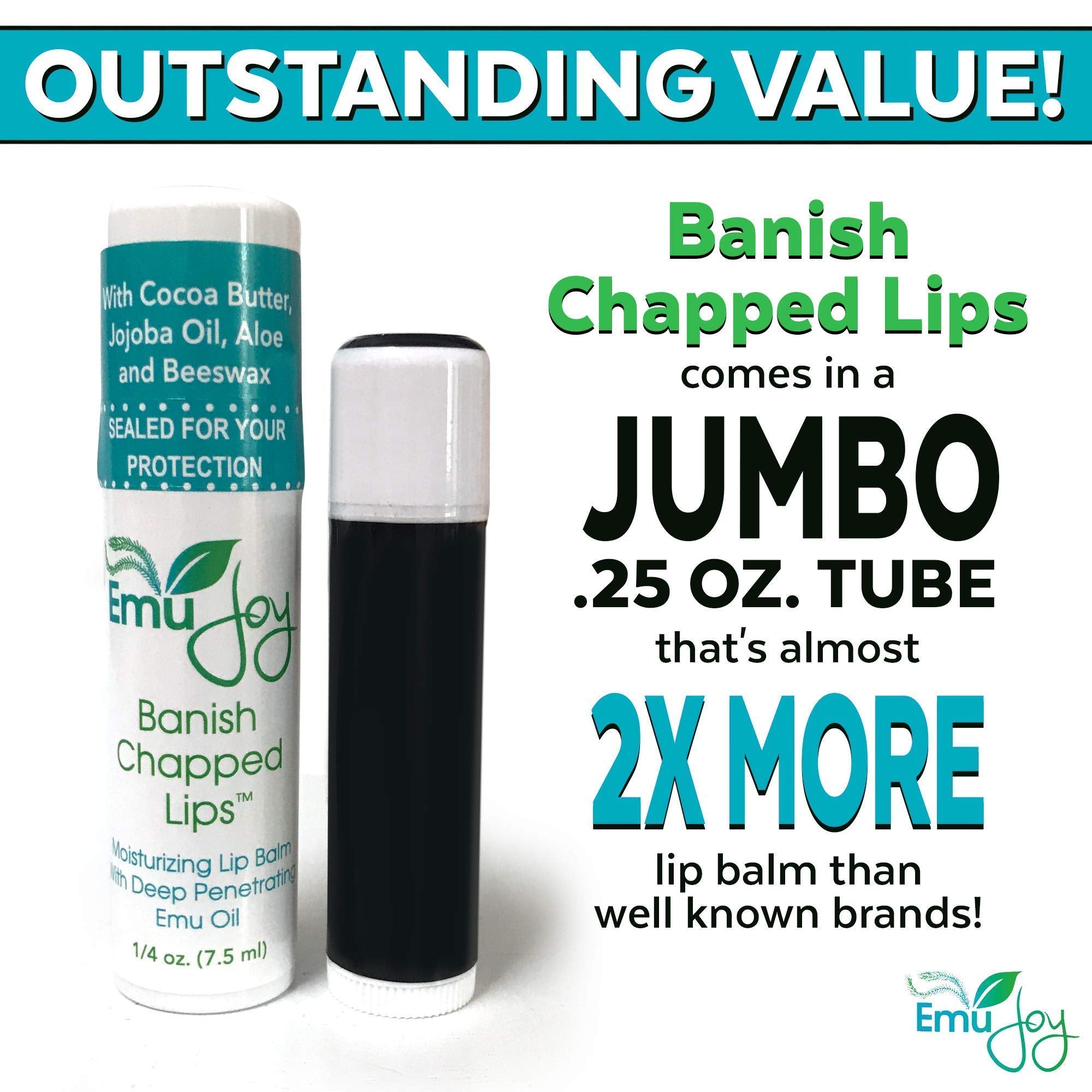 Emu Joy Emu Oil Lip Balm label highlights natural ingredients for gentle lip care.