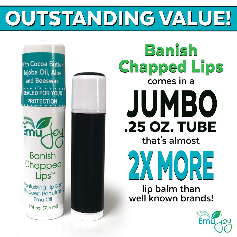 Emu Joy Emu Oil Lip Balm label highlights natural ingredients for gentle lip care.