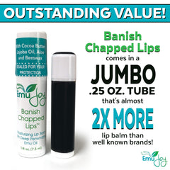 Emu Joy Emu Oil Lip Balm label highlights natural ingredients for gentle lip care.