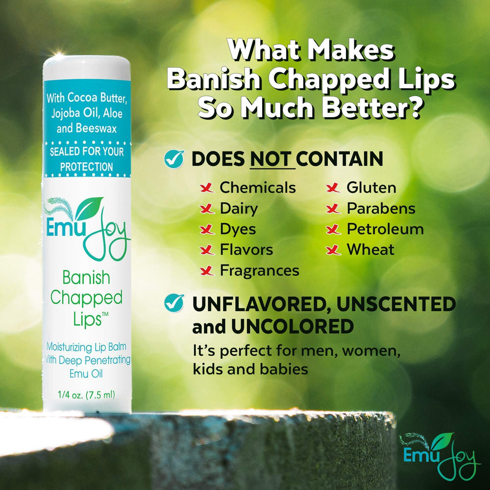 Emu Joy lip balm on lips delivers soothing, fragrance-free moisture for dry lips.
