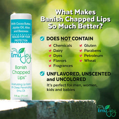 Emu Joy lip balm on lips delivers soothing, fragrance-free moisture for dry lips.
