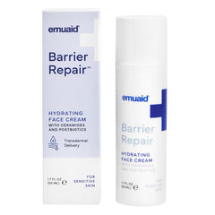 Emuaid Barrier Repair Cream bottle label highlighting ceramides and postbiotics.