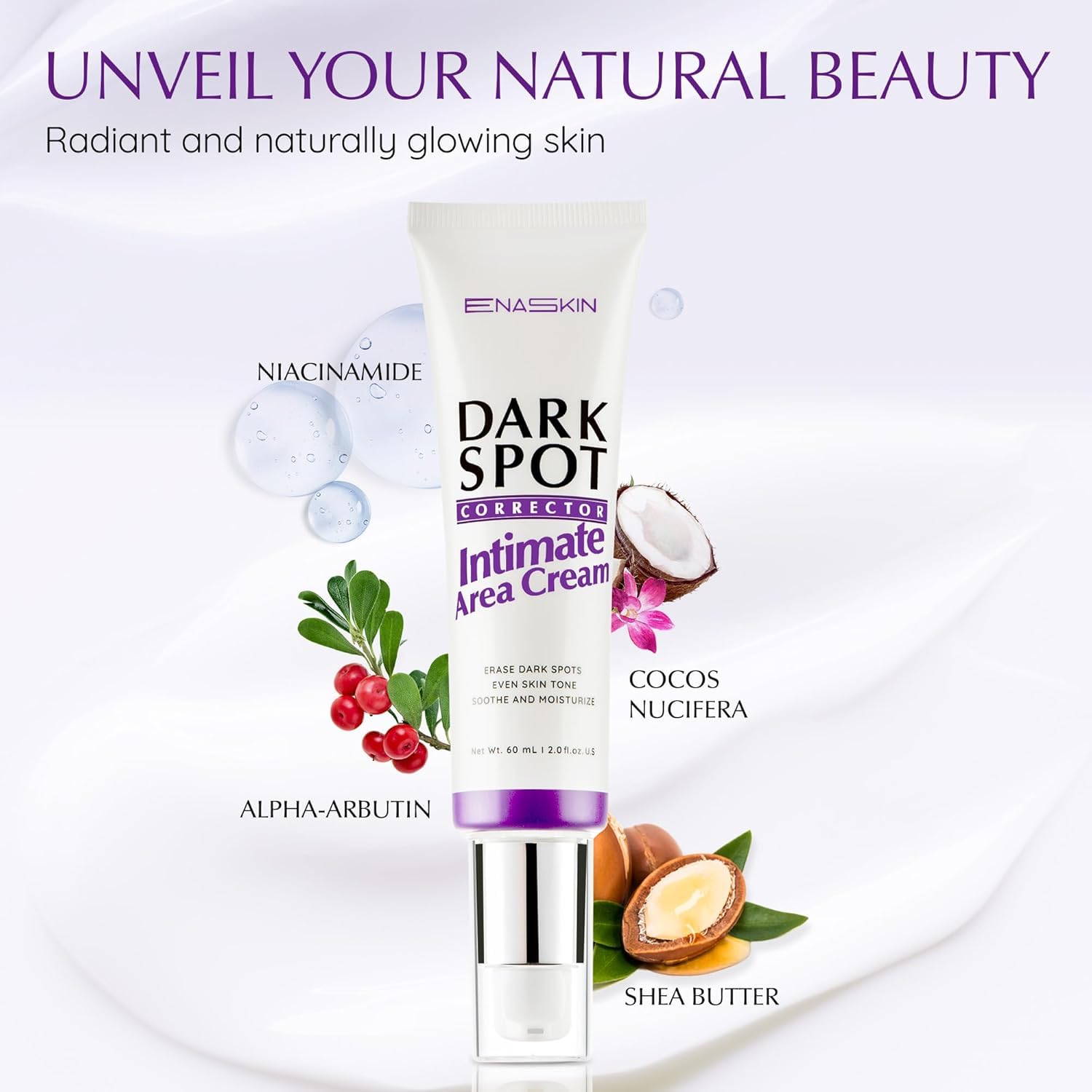 EnaSkin Dark Spot Remover Cream on face and body shows 2 oz size for daily use.