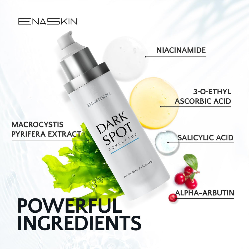 Close-up of EnaSkin serum texture highlighting brightening ingredients.