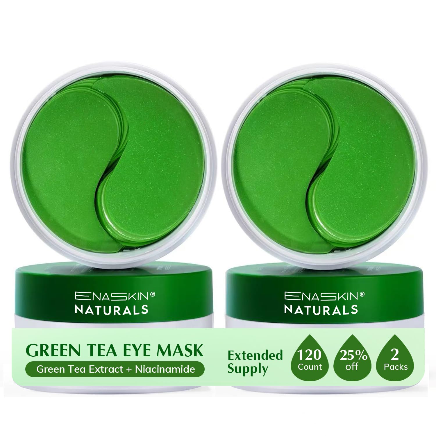 Enaskin Naturals green tea eye patches packaging on display for easy refresh