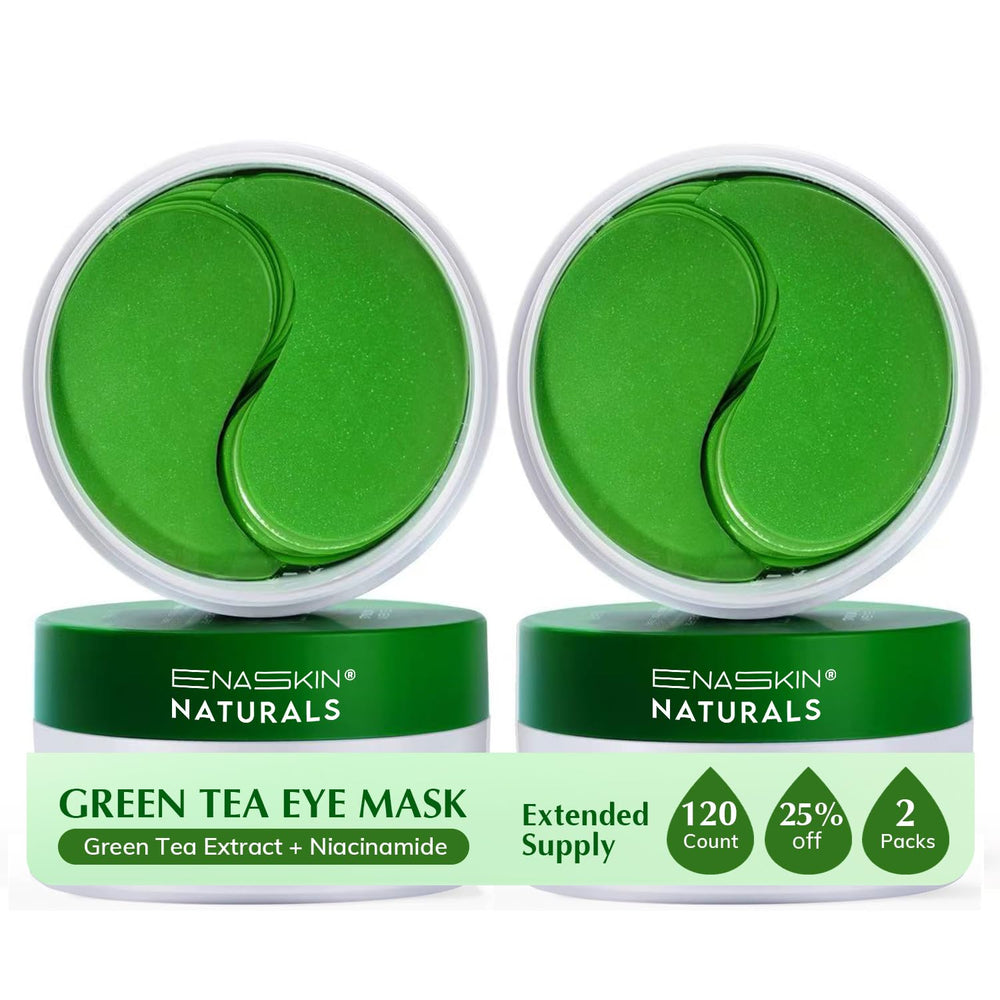 Enaskin Naturals green tea eye patches packaging on display for easy refresh