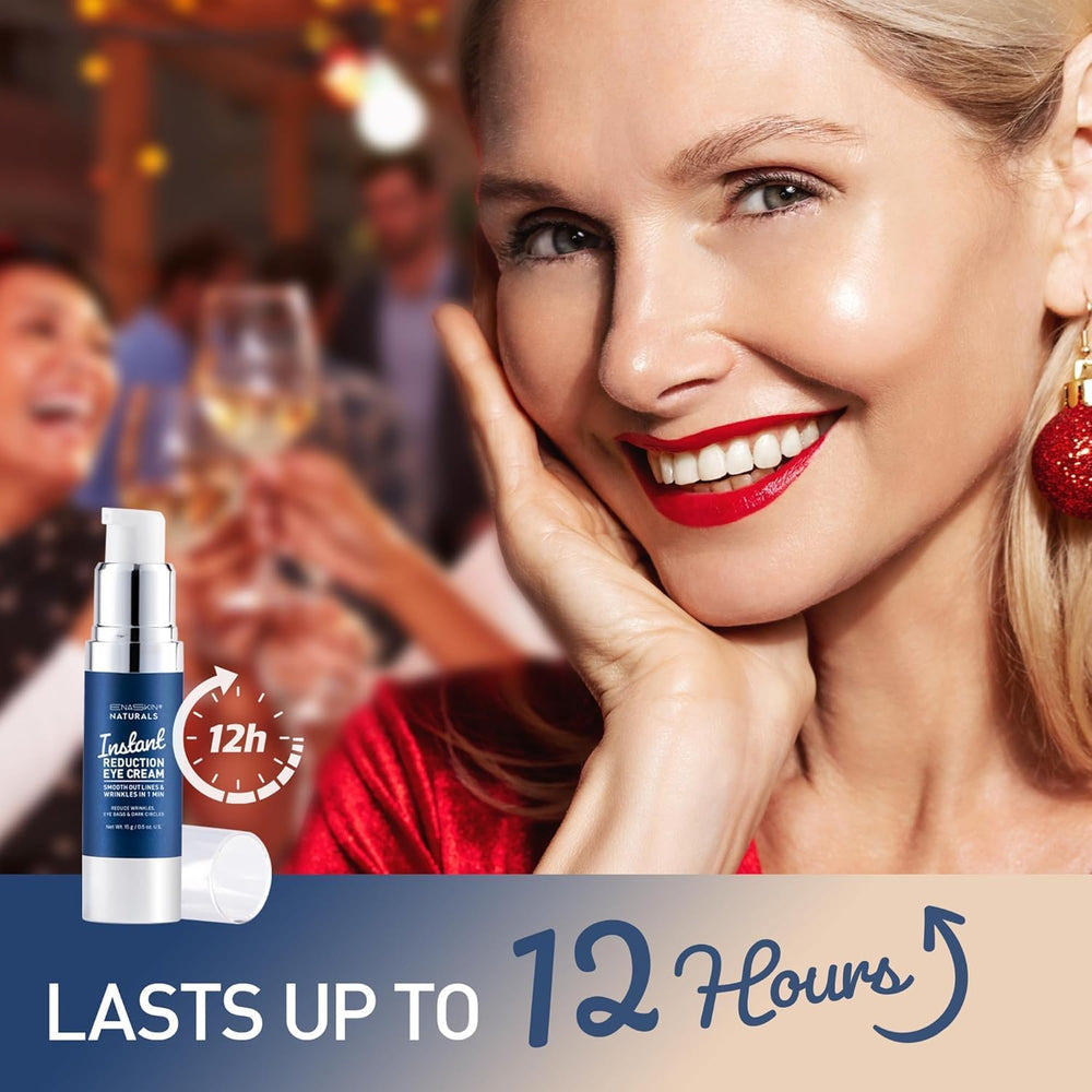 Open jar of Enaskin Naturals Instant Eye Cream reveals creamy formula.