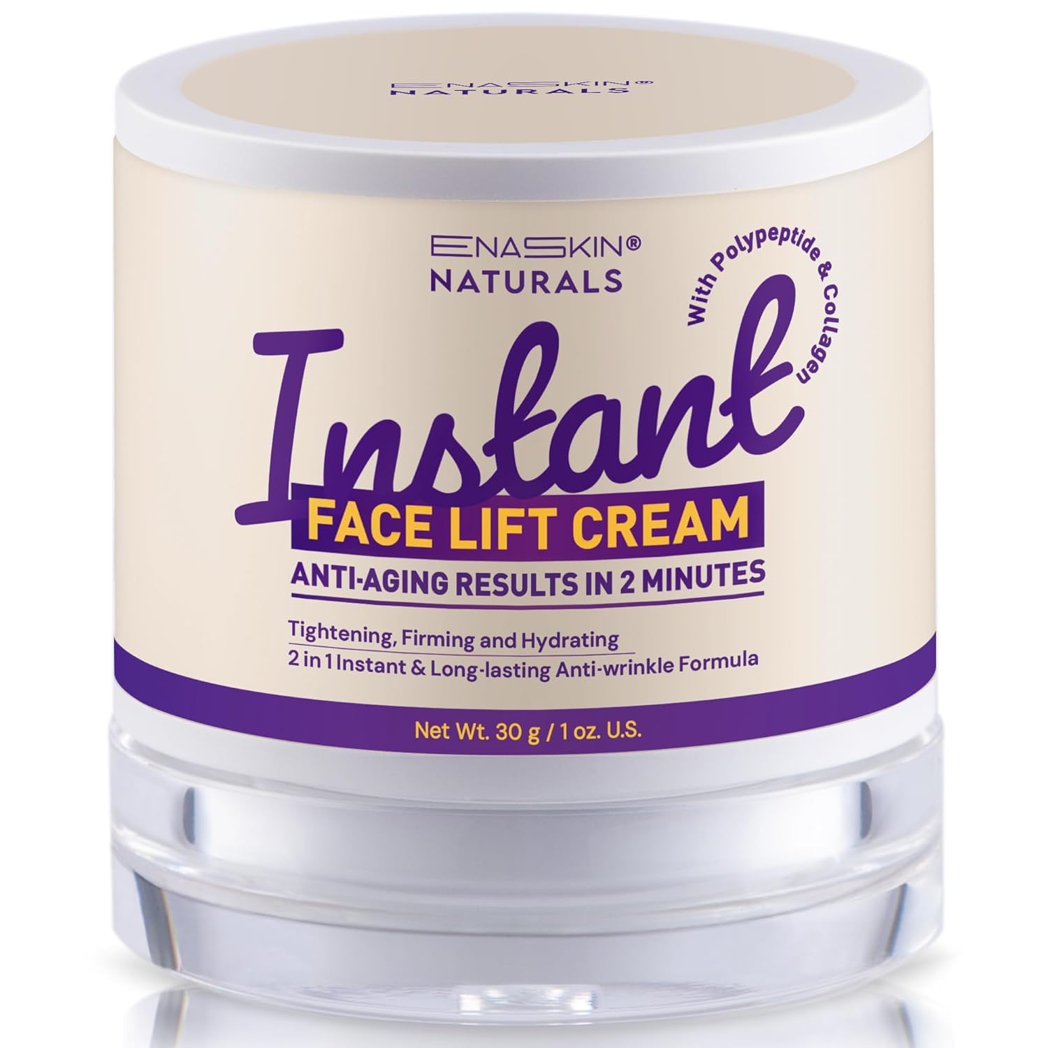 Enaskin Naturals Instant Face Tightener bottle closeup shows quick lift benefit