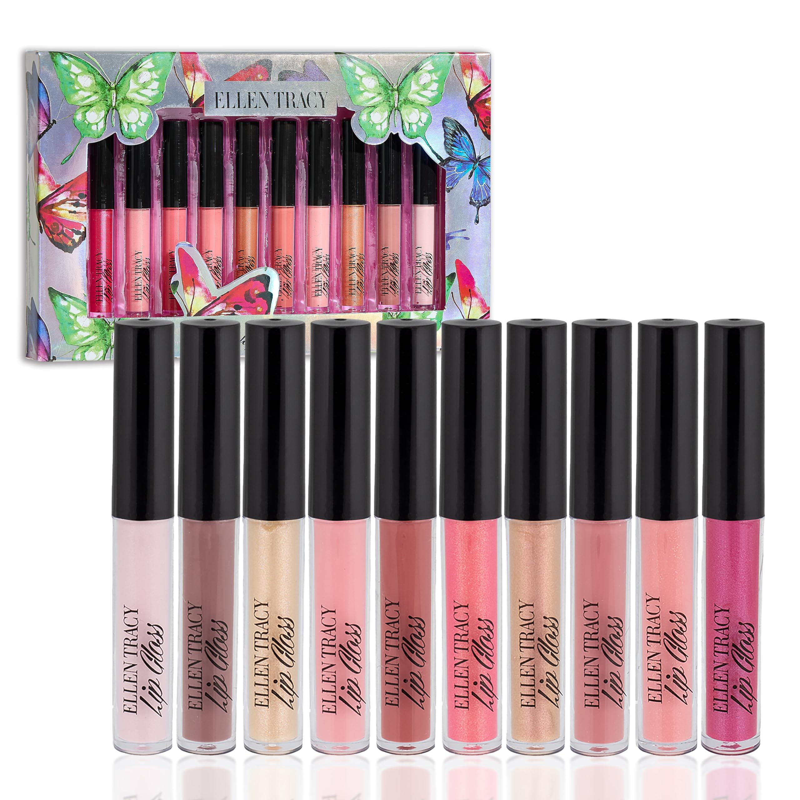 Enchante Ellen Tracy 10pc lip gloss collection showing a range of shades for versatile looks