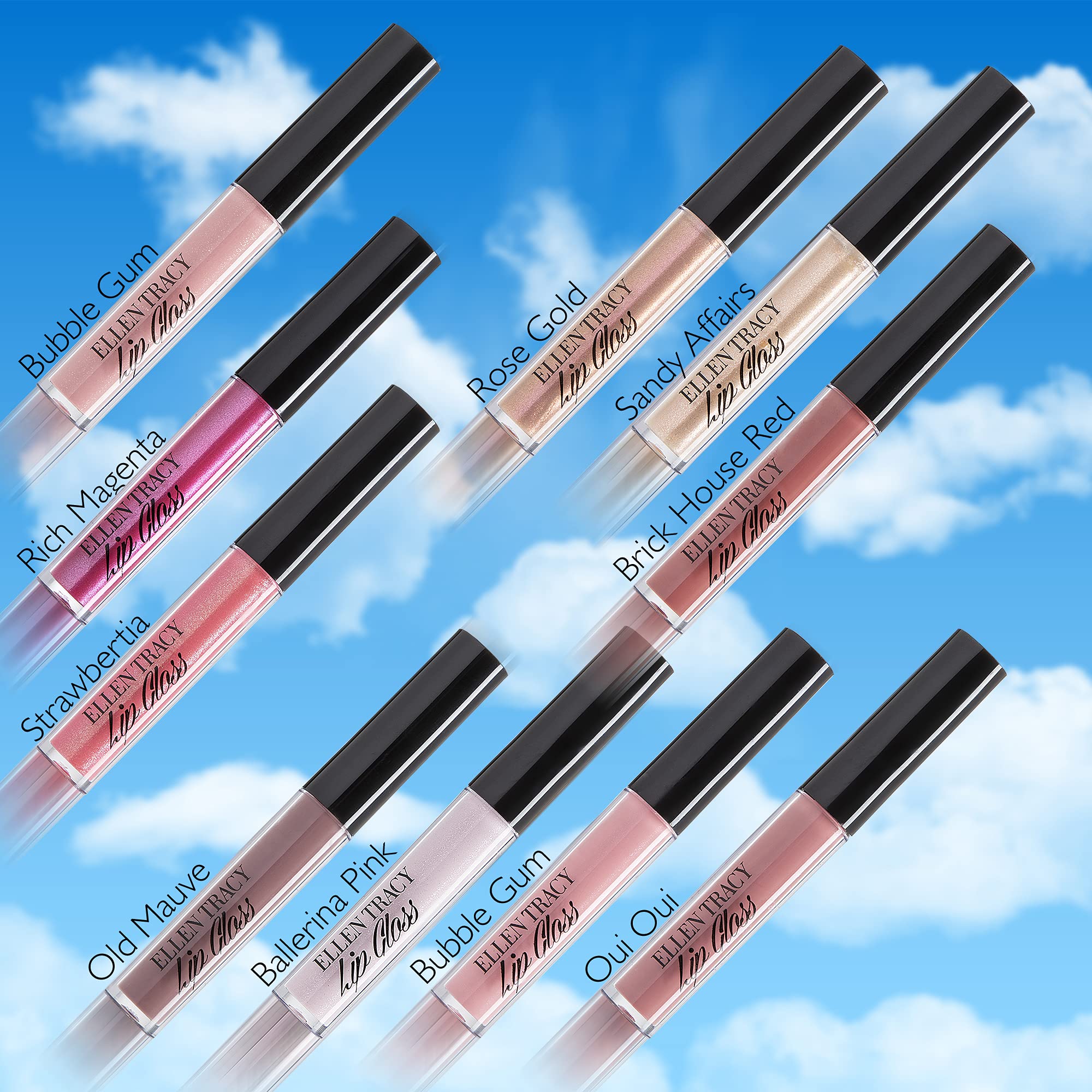 Enchante Ellen Tracy swatches displaying bold and neutral lip gloss shades