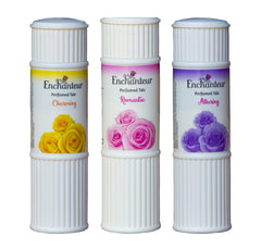 Enchanteur Charming talc triple pack with rose and cedarwood for silky skin.