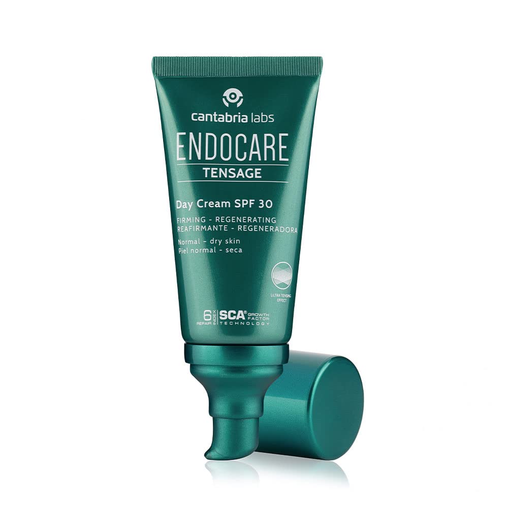 Endocare Tensage Day Cream SPF30 bottle highlighting hydration and UV protection.