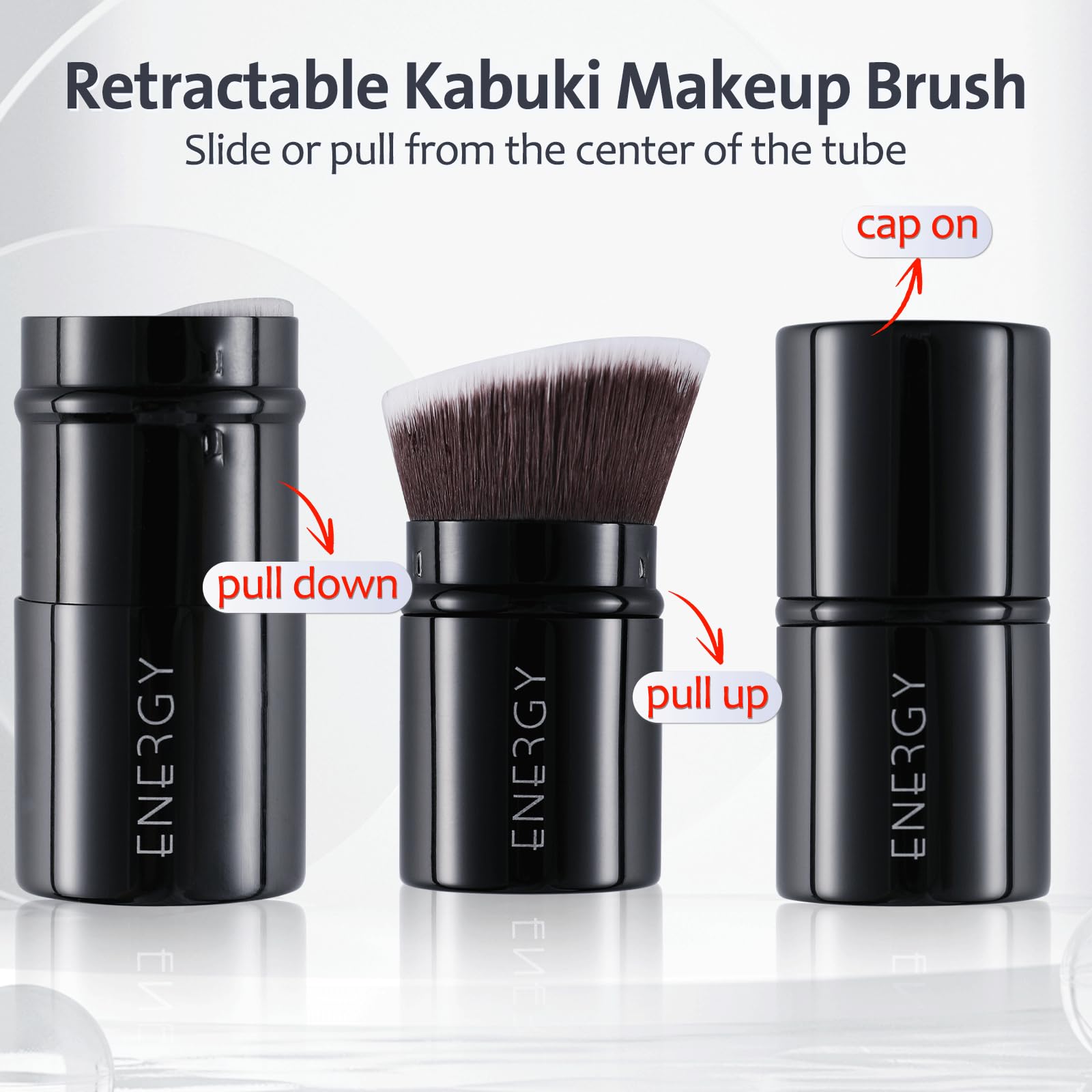 ENERGY Kabuki Brush Mini angled head for precise blending along facial curves.