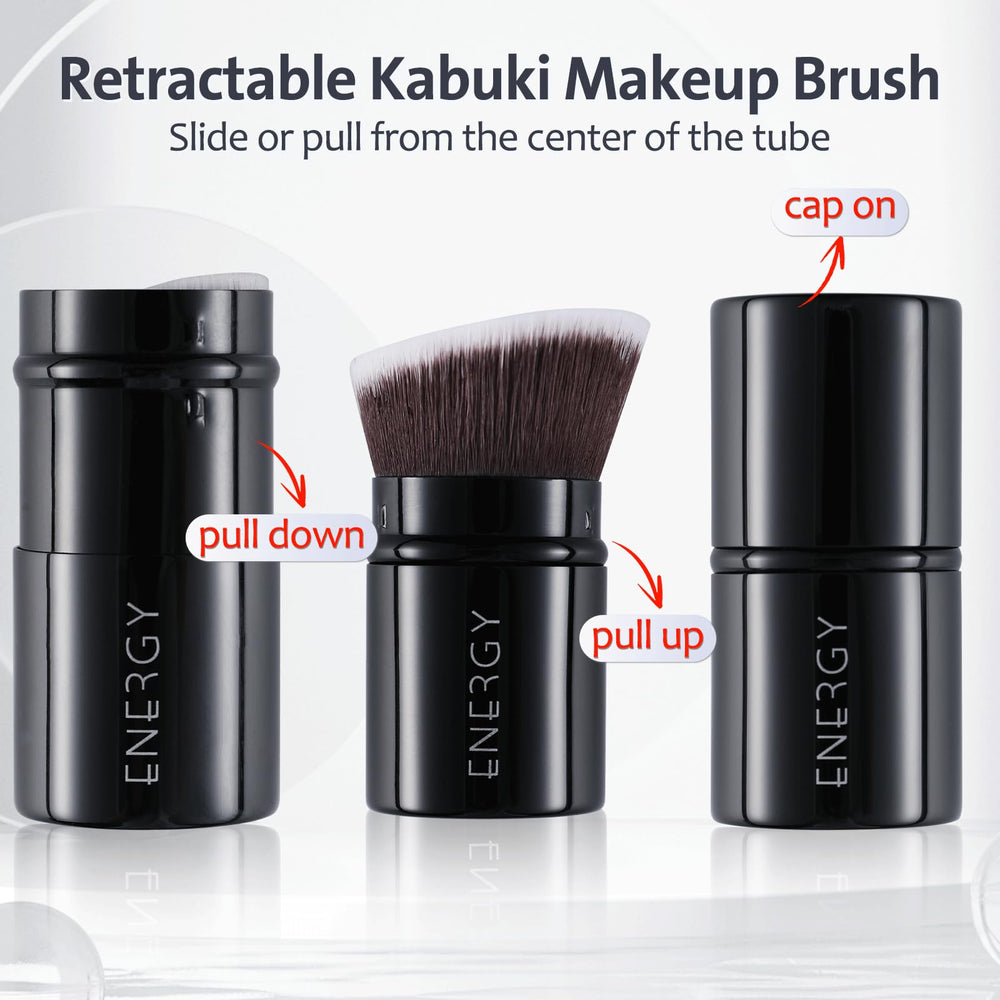 ENERGY Kabuki Brush Mini angled head for precise blending along facial curves.