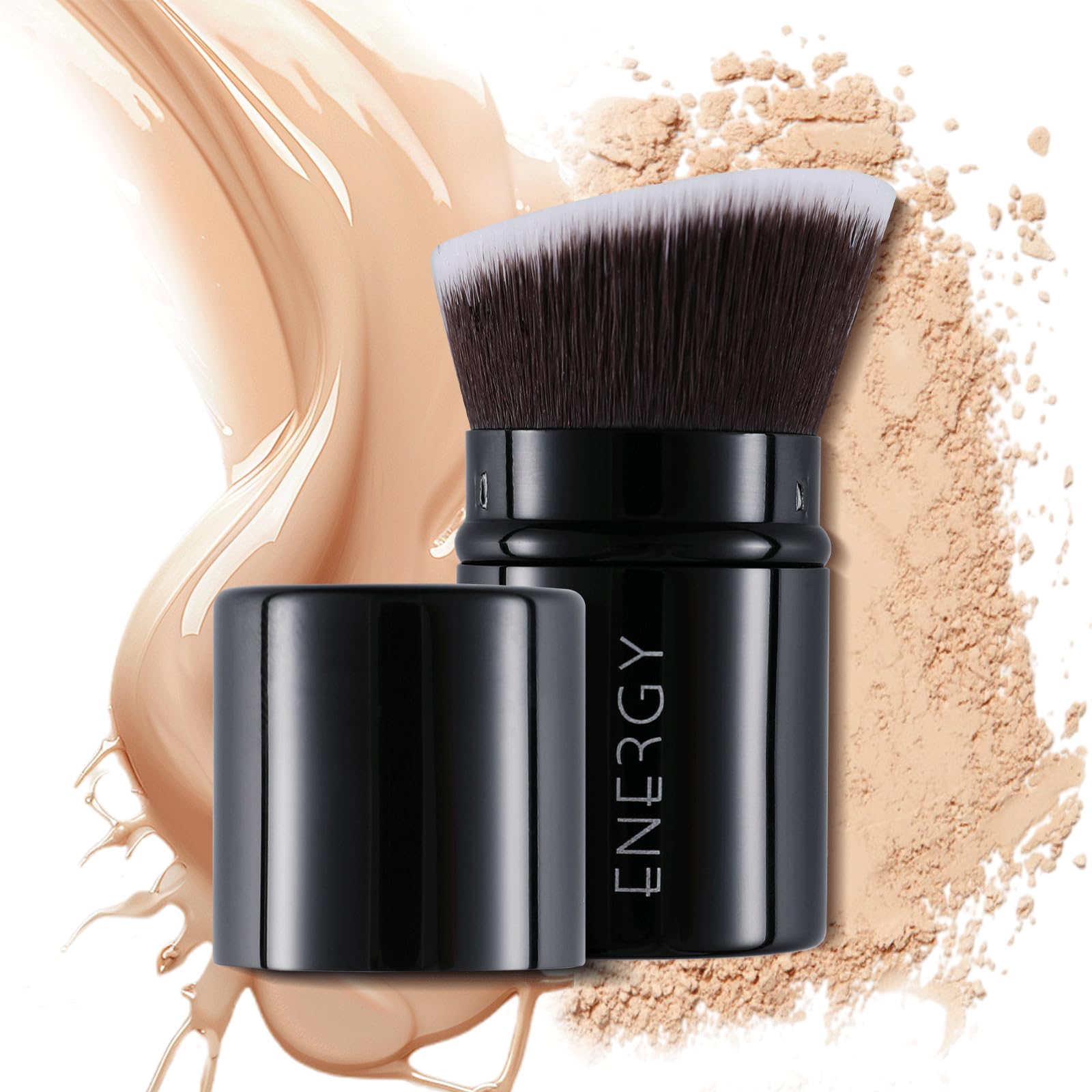 ENERGY Kabuki Brush Mini with retractable cover for travel touch-ups on the go.