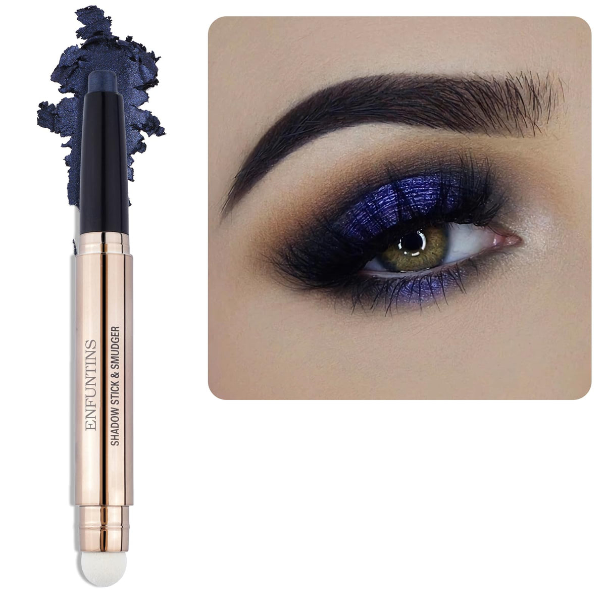 Enfuntins Cream Eyeshadow Stick Midnight Blue swatch for silky shimmer.