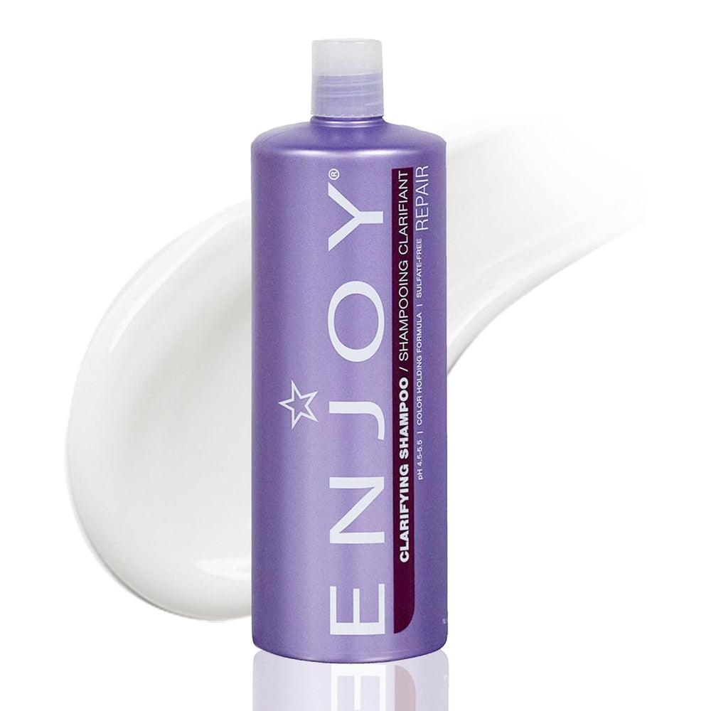 Enjoy Clarifying Shampoo bottle pour highlights deep cleansing for buildup removal.
