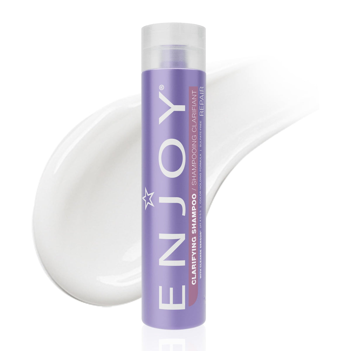 Enjoy Clarifying Shampoo bottle shows sulfate-free formula for gentle cleansing across all hair types.