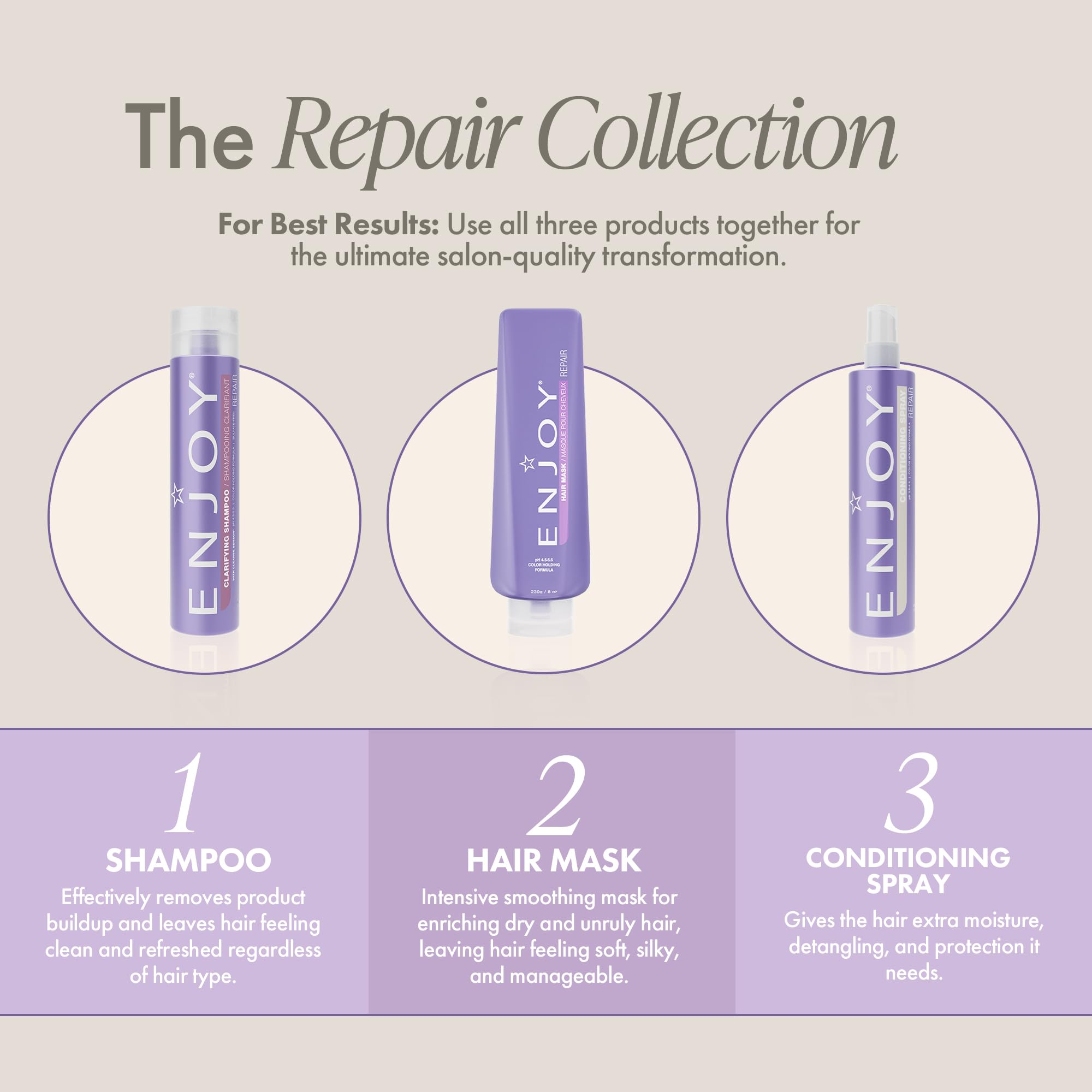Enjoy Clarifying Shampoo color-safe formula preserves vibrancy while cleansing.