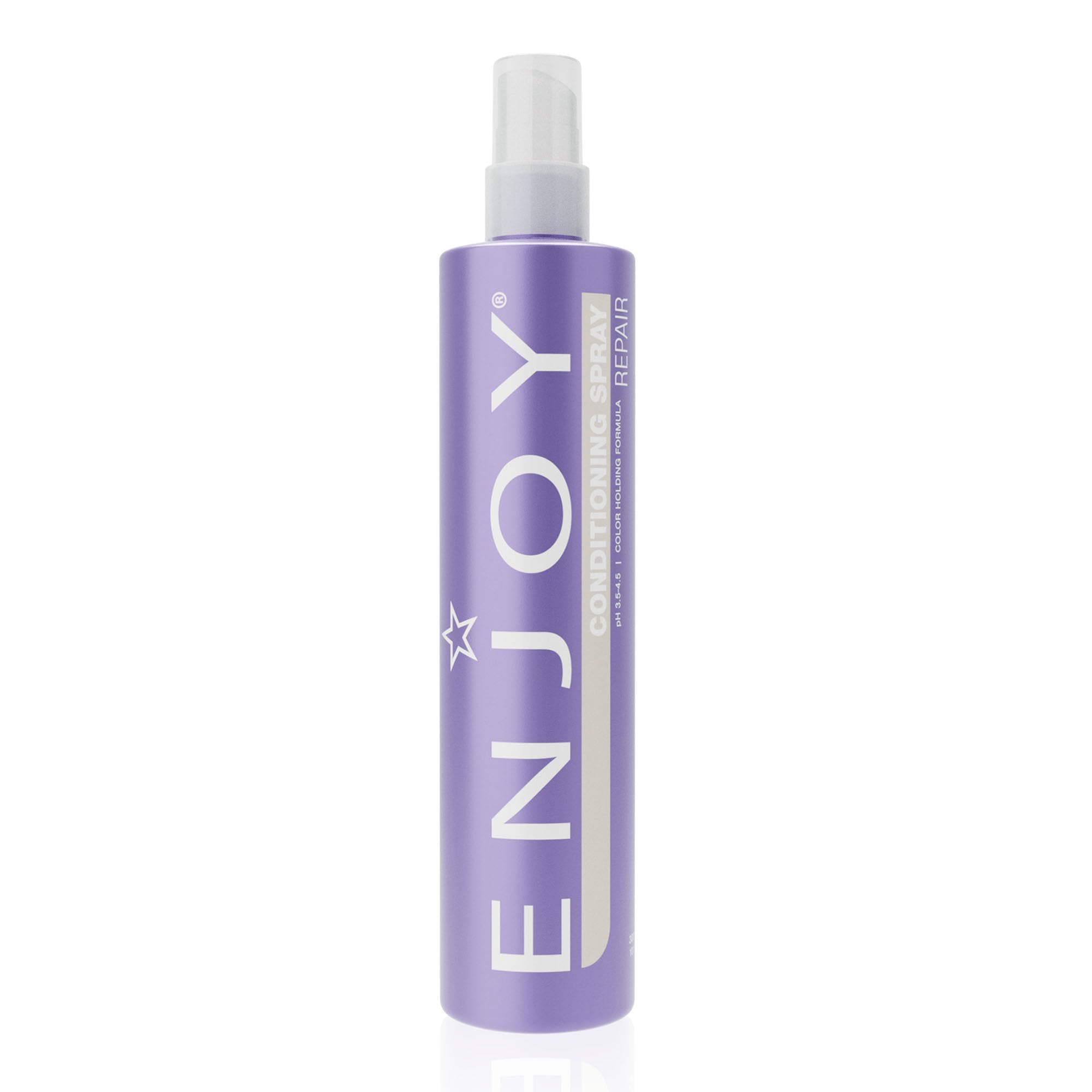 Enjoy Conditioning Spray bottle close-up showing frizz-control and shine-friendly formula.