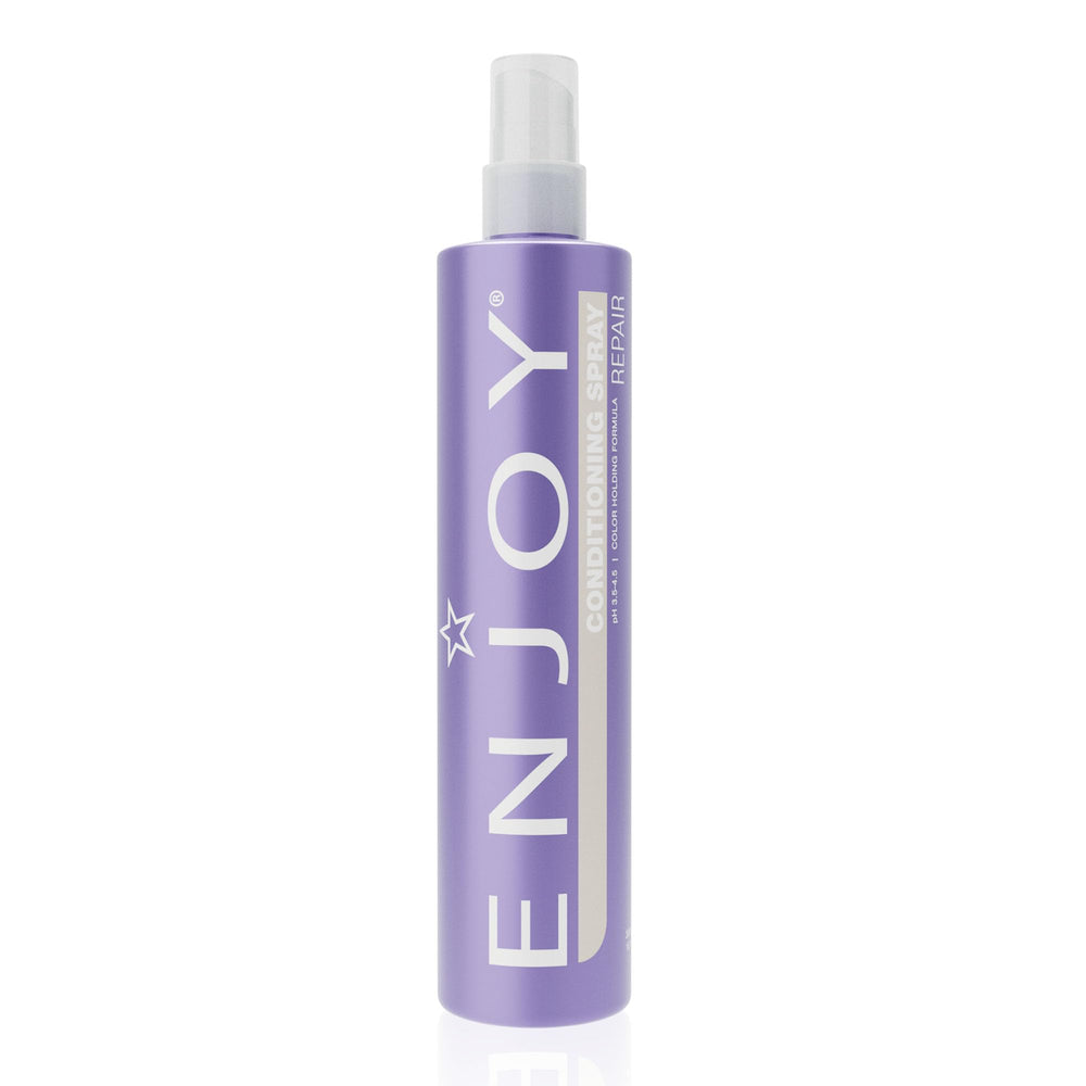Enjoy Conditioning Spray bottle close-up showing frizz-control and shine-friendly formula.