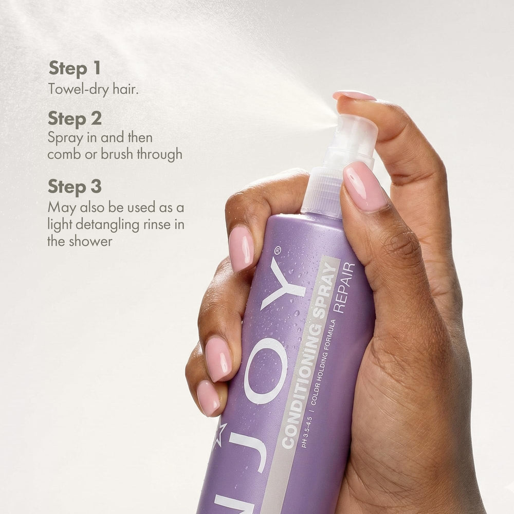 Enjoy Conditioning Spray anti-frizz formula reducing flyaways while maintaining softness.
