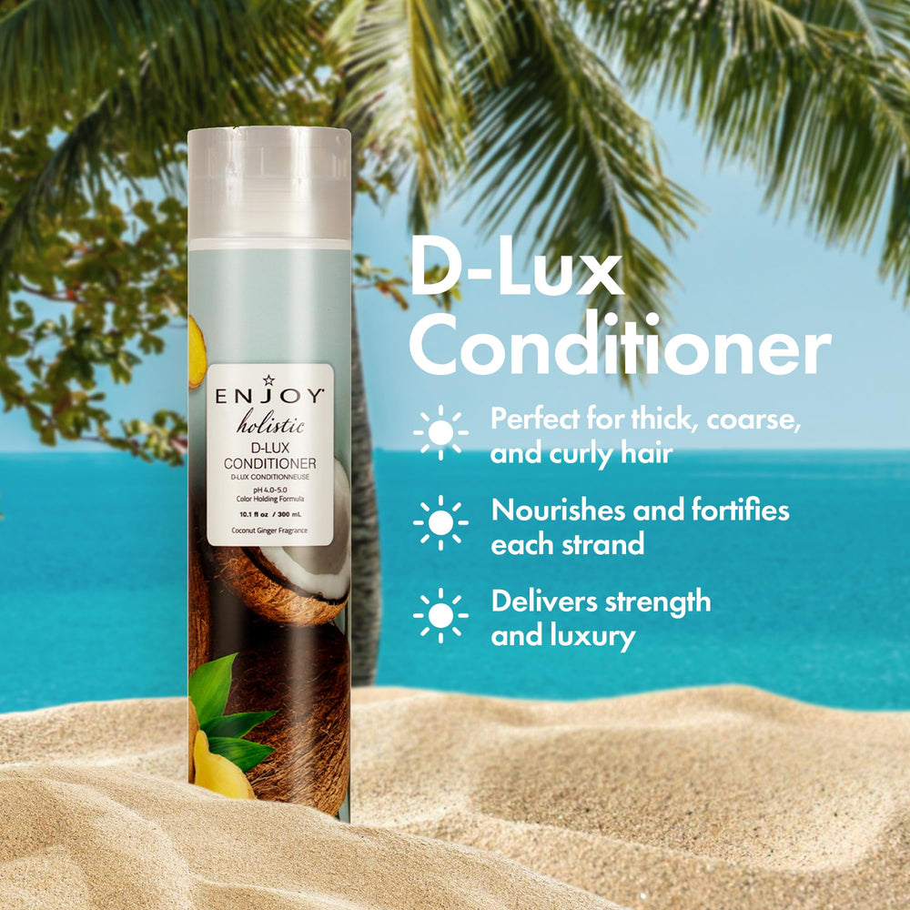 Enjoy D-LUX Conditioner nourishes damp hair for smoother strands.