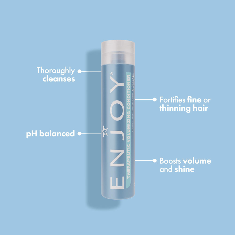 Enjoy Therapeutic Volumizing Conditioner bottle close-up label shows color-safe formula