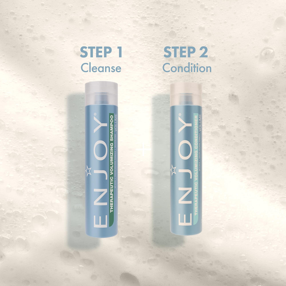 Enjoy Therapeutic Volumizing Conditioner packaging on shelf signals premium care