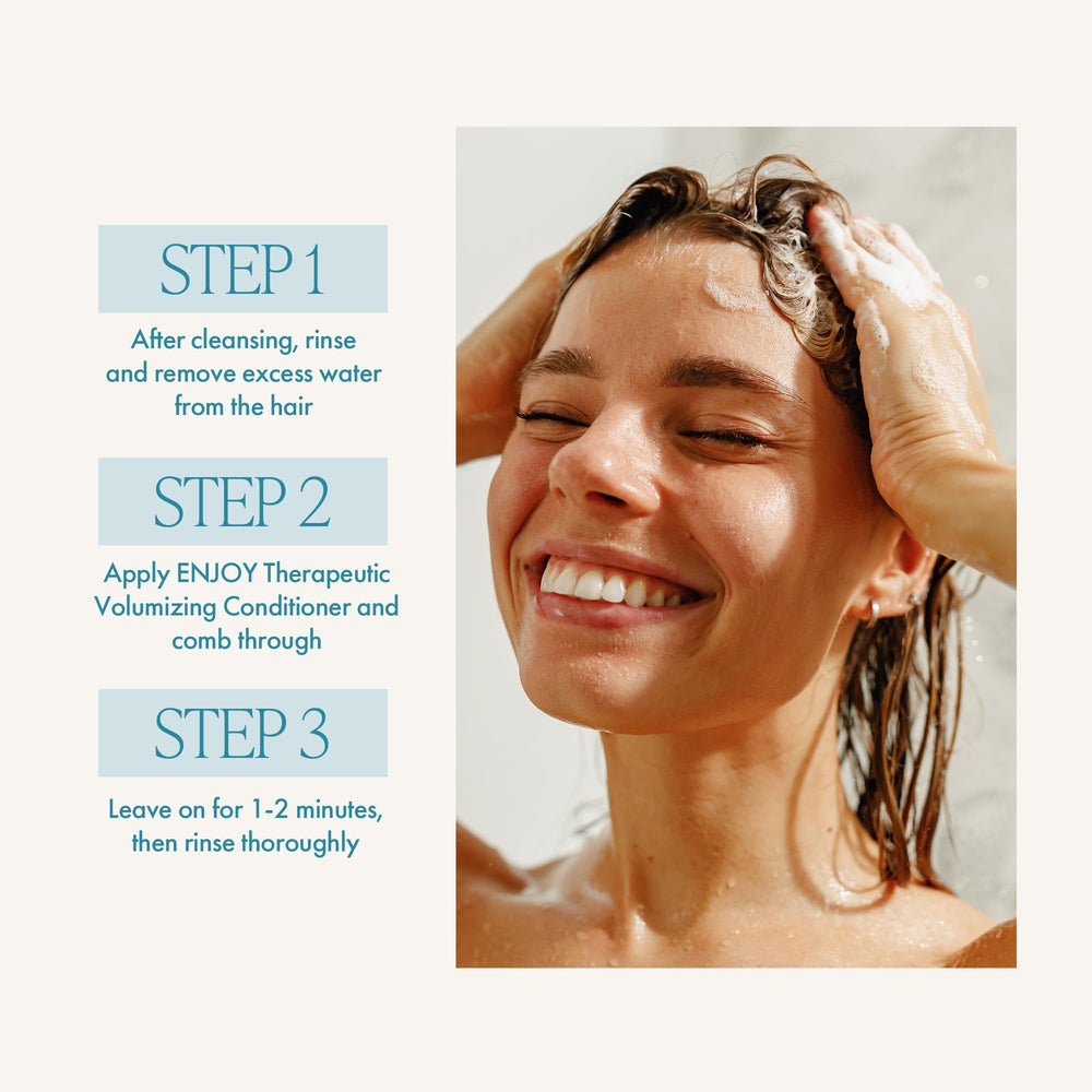 Enjoy Therapeutic Volumizing Conditioner scalp-tingle shot highlighting peppermint and menthol