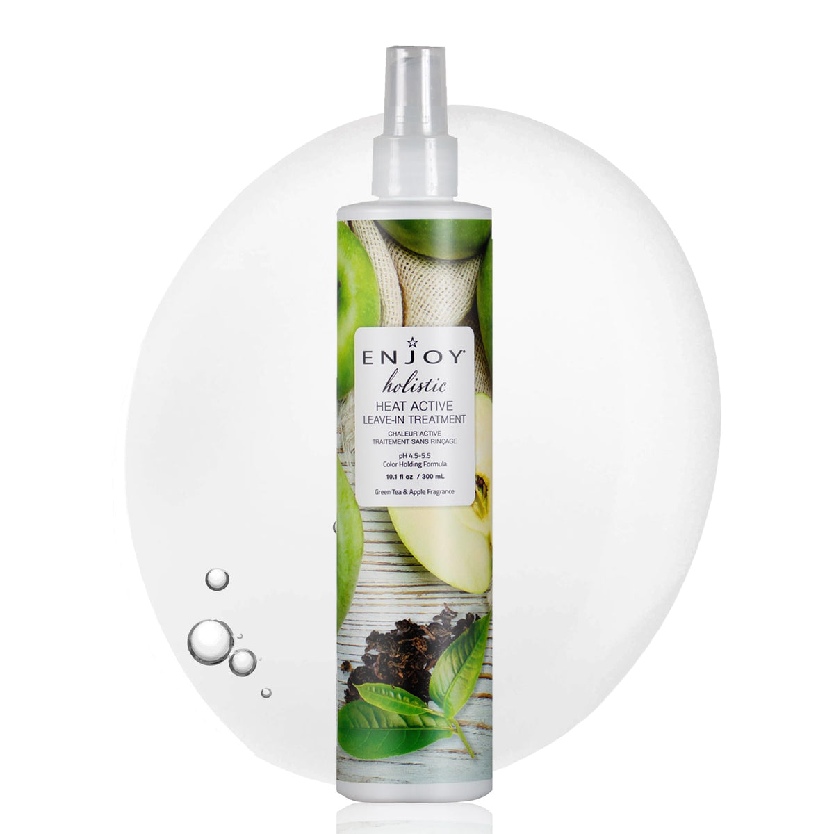 Enjoy Holistic Heat Active Leave-In bottle – sleek packaging for easy heat styling protection.