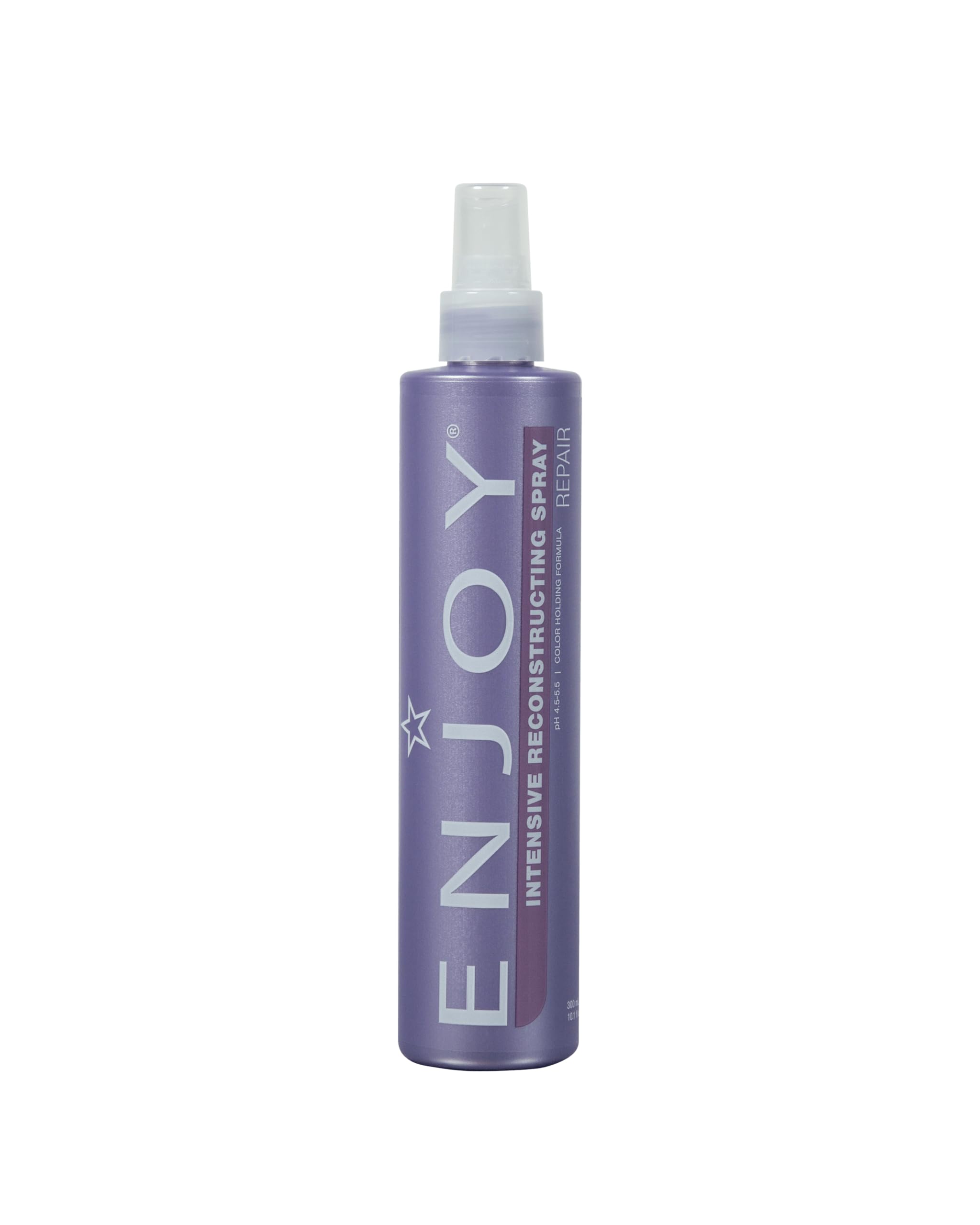 Enjoy Intensive Reconstructing Spray bottle highlights color-safe anti-frizz formula for smooth hair.