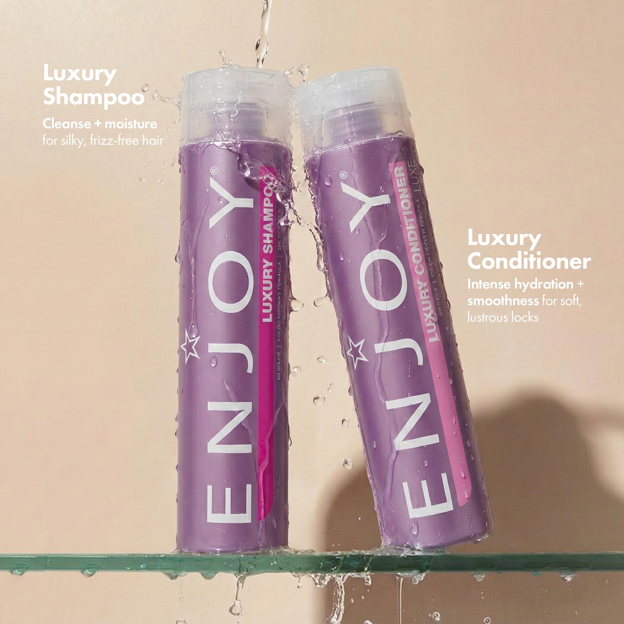 Enjoy Luxury Conditioner bottle pour highlights smoothing and detangling benefits.