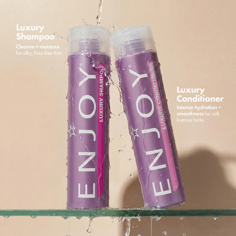 Enjoy Luxury Conditioner bottle pour highlights smoothing and detangling benefits.