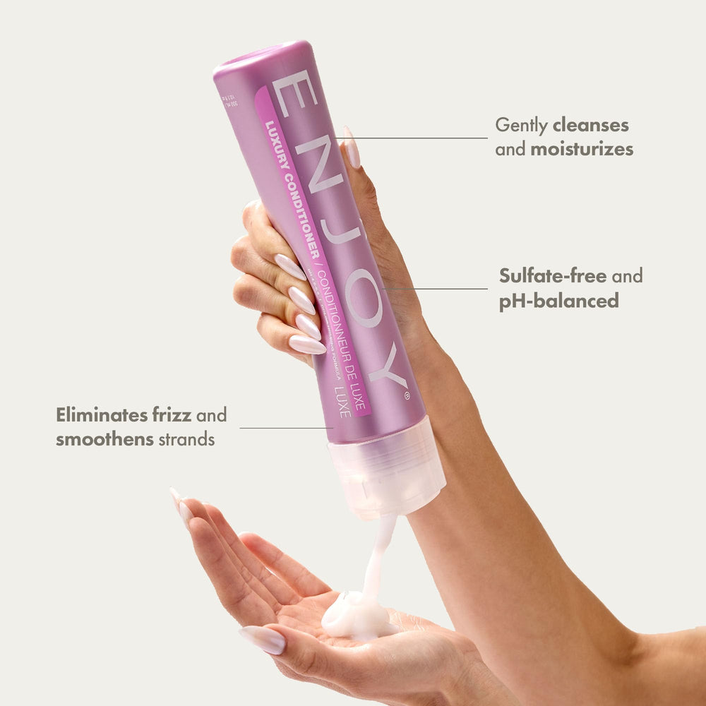 Close-up of Enjoy Luxury Conditioner texture showing creamy slip for daily use