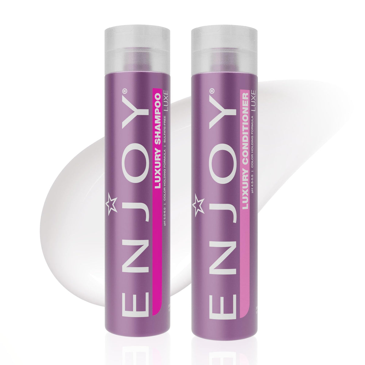 Enjoy Luxury Shampoo bottle pour shows gentle, sulfate-free cleansing for moisture and shine