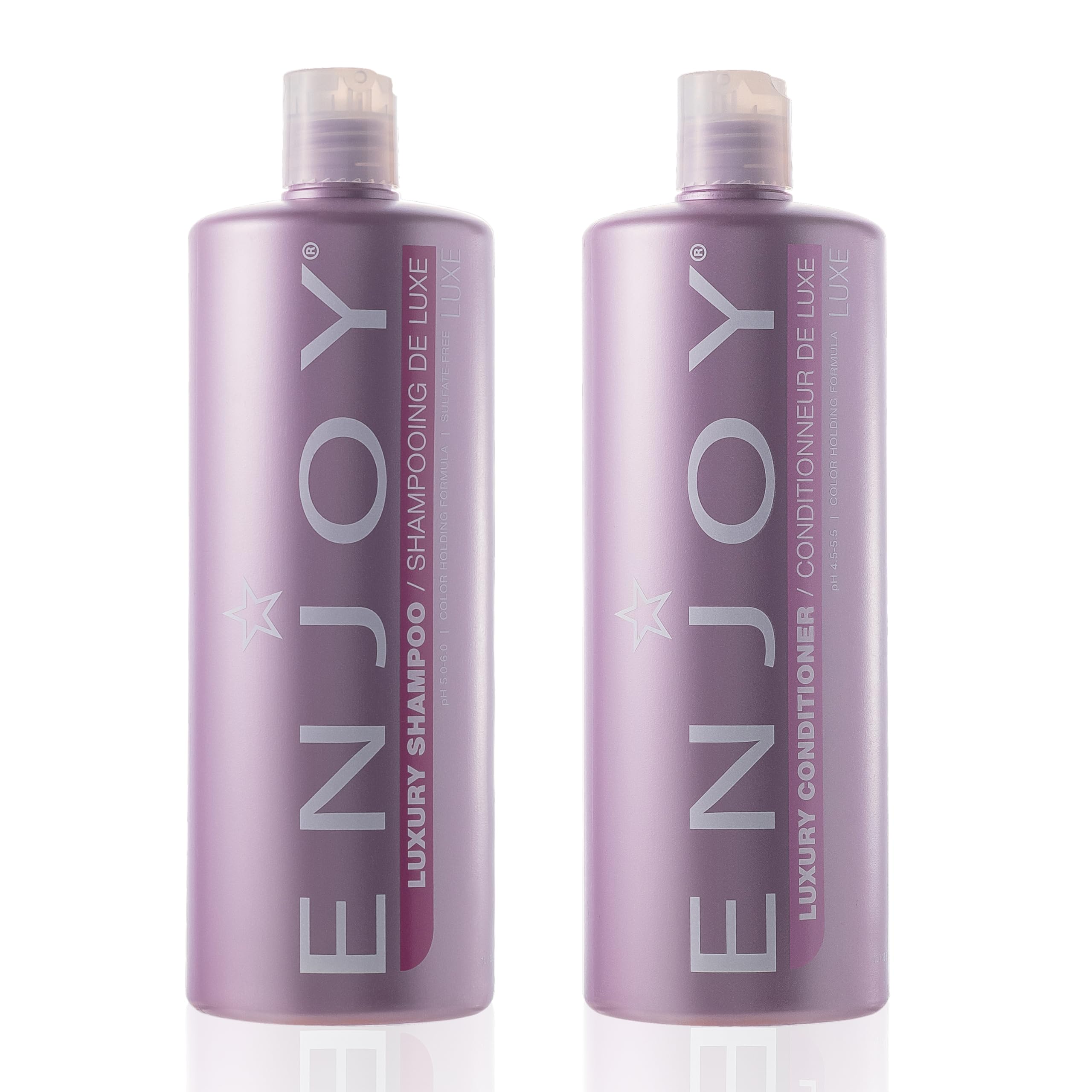 Enjoy Luxury Shampoo bottle pour shows premium cleansing and frizz control.