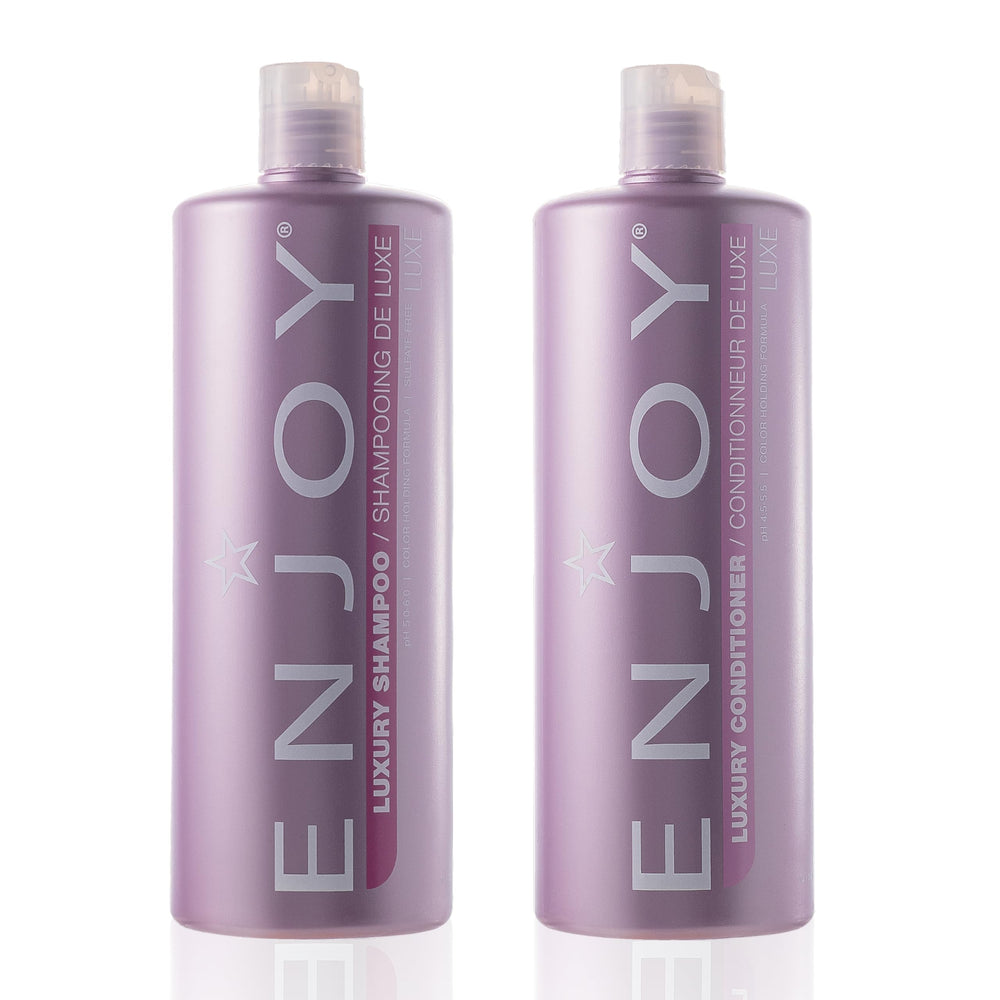 Enjoy Luxury Shampoo bottle pour shows premium cleansing and frizz control.
