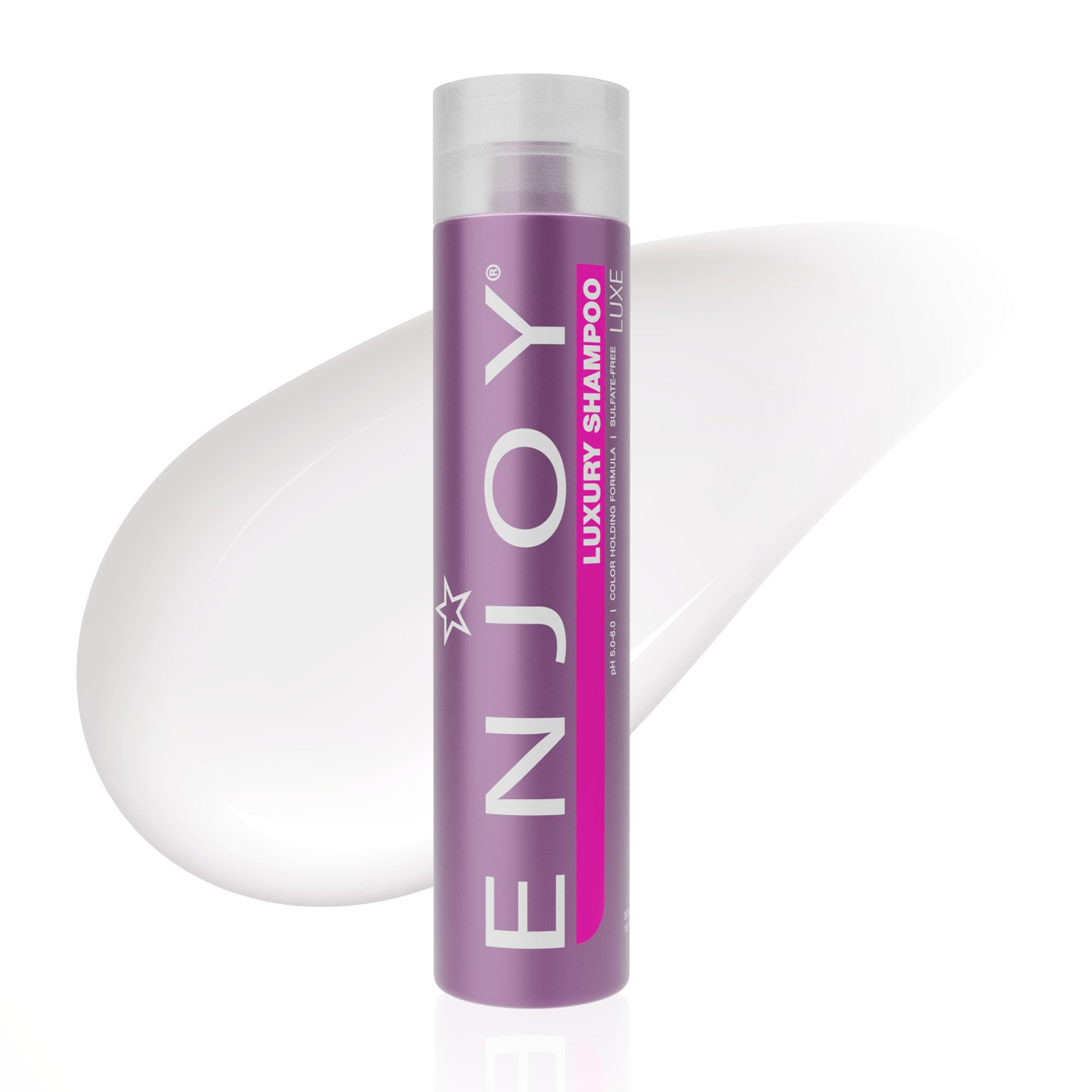 Enjoy Luxury Shampoo bottle demonstrates frizz control for thick hair.