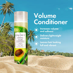 Close-up of Enjoy Volume Conditioner bottle emphasizing fragrance-free, pH-balanced formula.