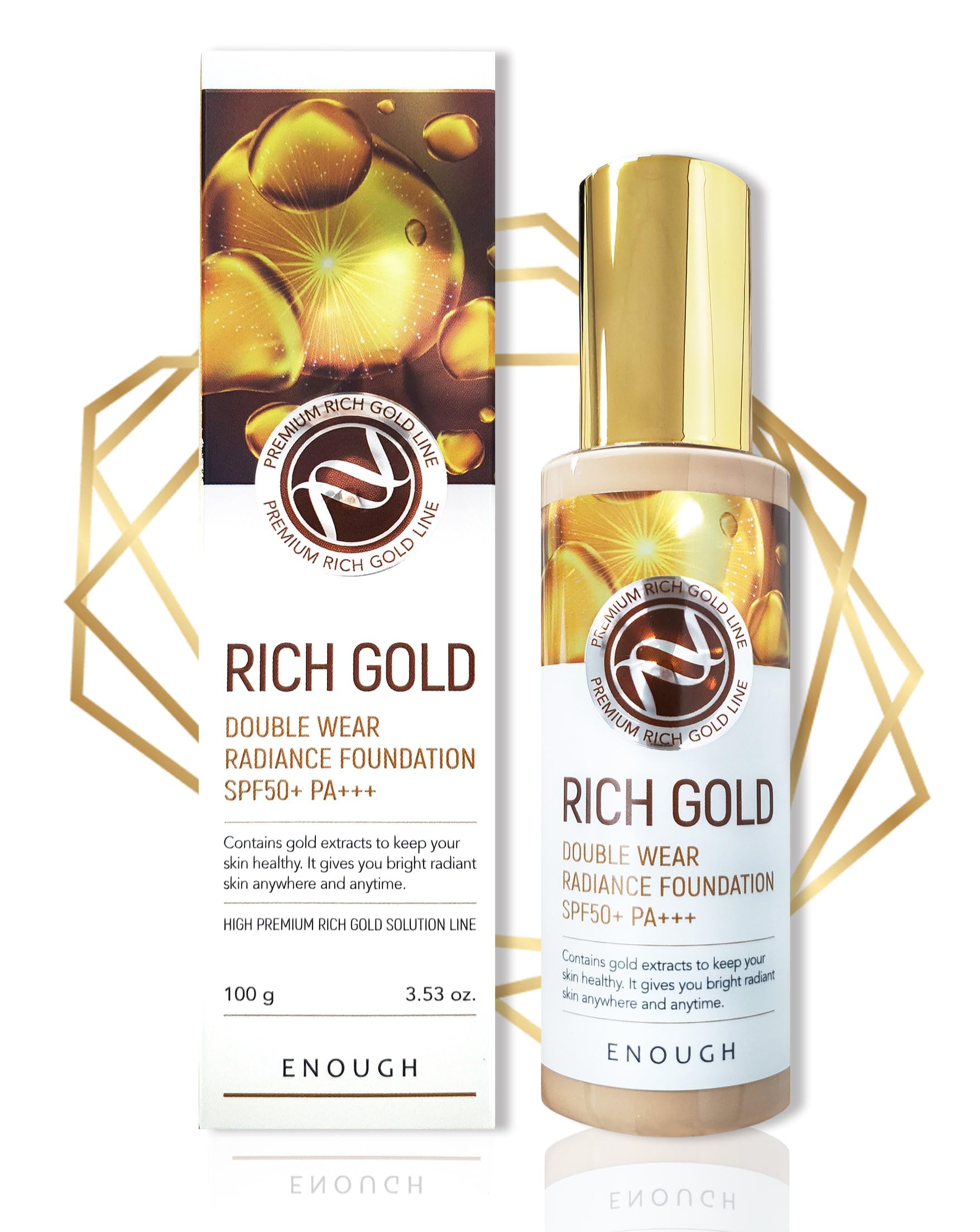 Enough Rich Gold Foundation swatch texture reveals glow and a smooth skin feel.