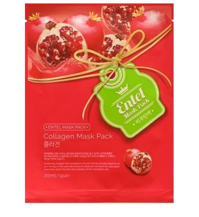 Entel Pomegranate Sheet Mask Pack with Collagen for instant hydration and tone evening.