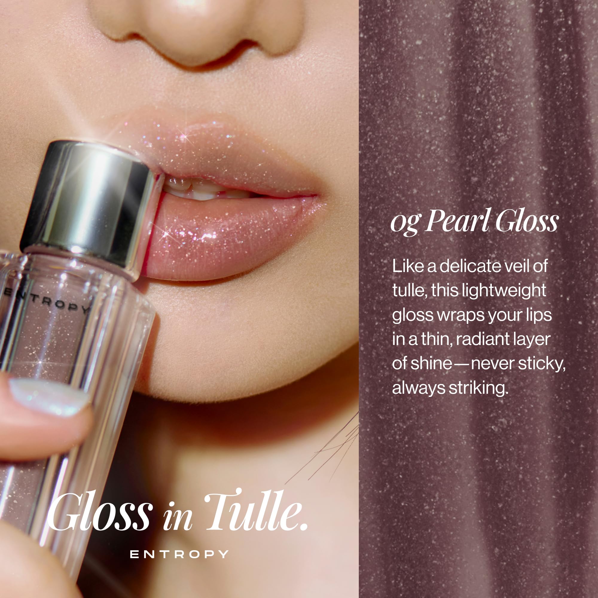 ENTROPY MAKE UP Tulle Lip Gloss packaging highlights airy, tulle-inspired design