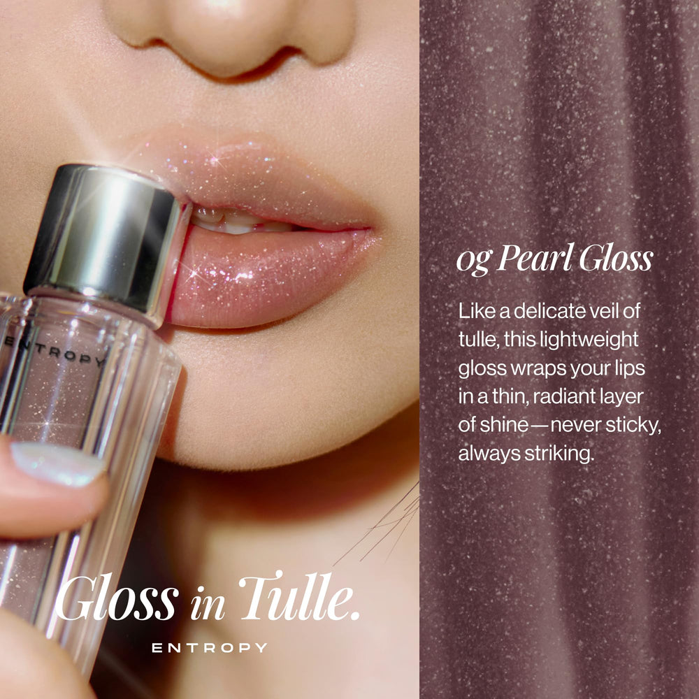 ENTROPY MAKE UP Tulle Lip Gloss packaging highlights airy, tulle-inspired design