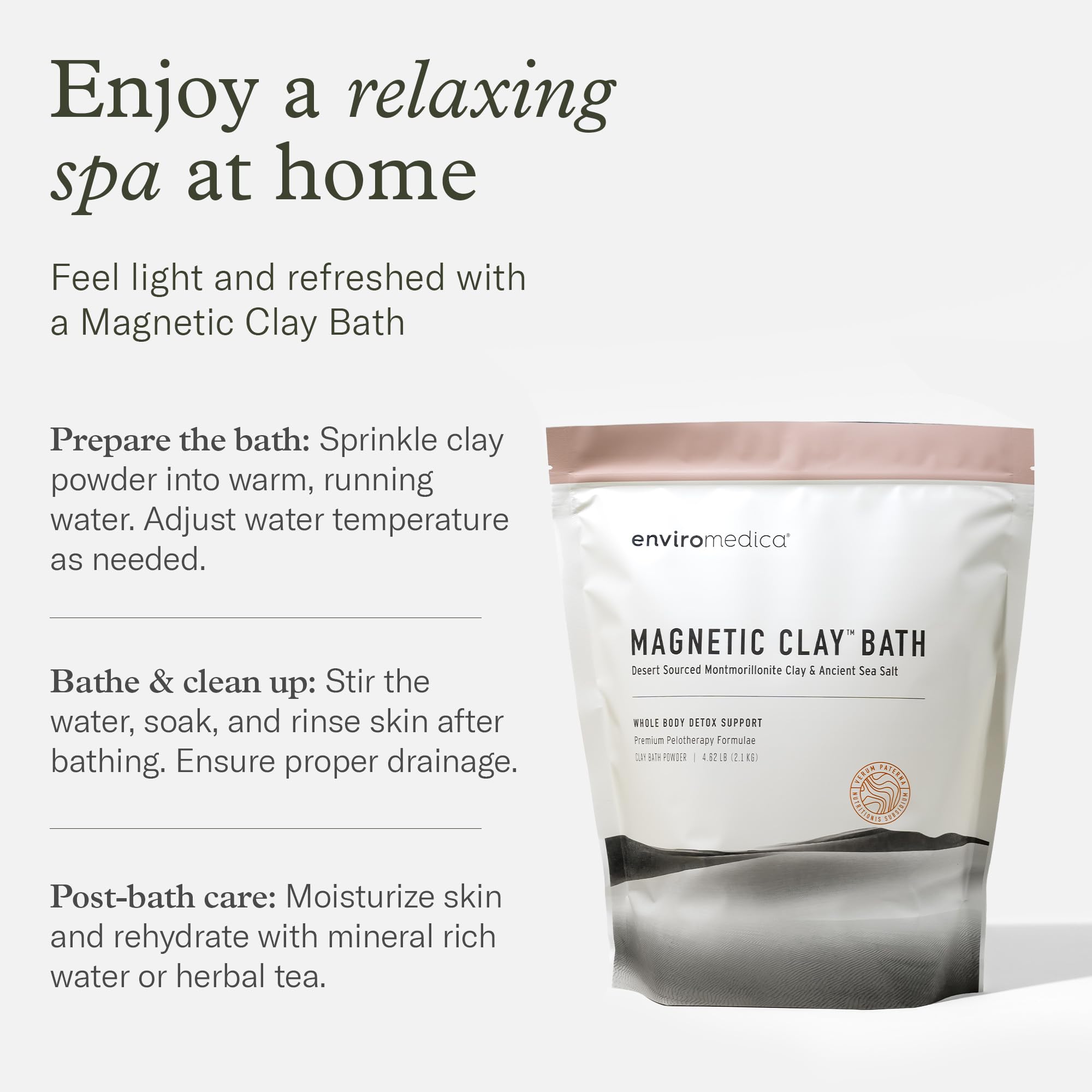 Enviromedica Bentonite clay bath supports a rejuvenating home ritual with natural minerals.