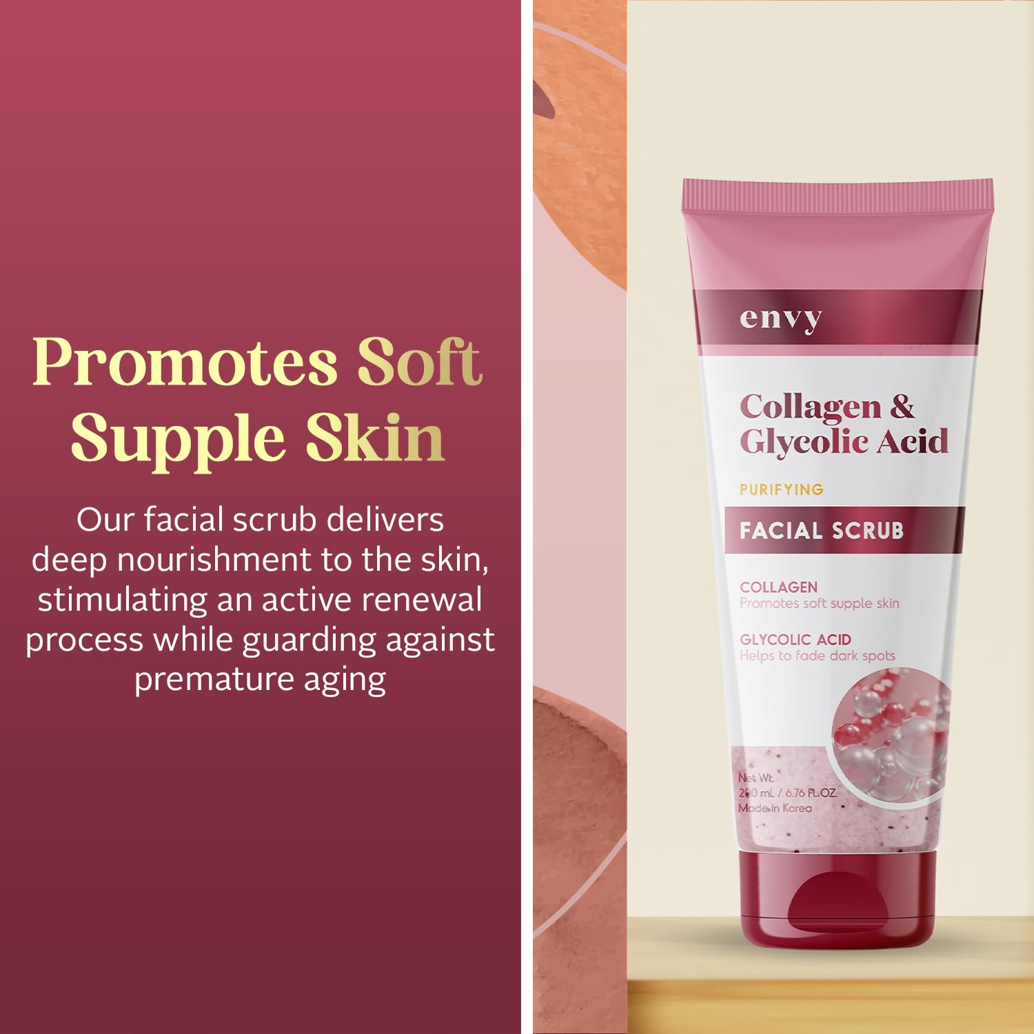 Envy collagen-glycolic scrub texture closeup highlights micro-exfoliants for refined pores.