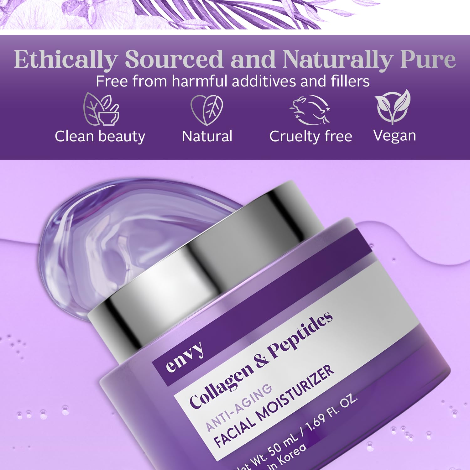 Ingredients list of Envy collagen and peptides formula highlighting clean beauty claims