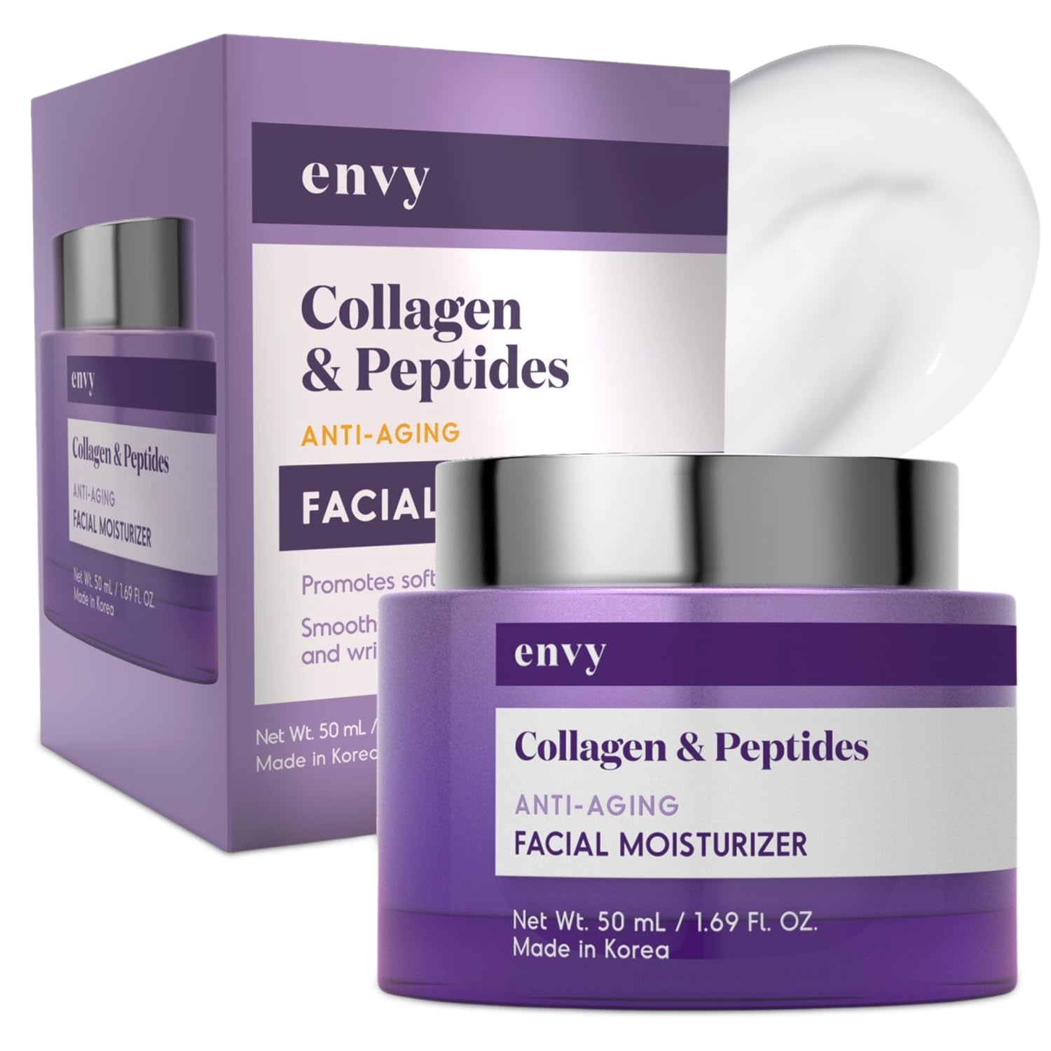 Envy Collagen & Peptides moisturizer jar shown with premium packaging for hydrated skin benefits