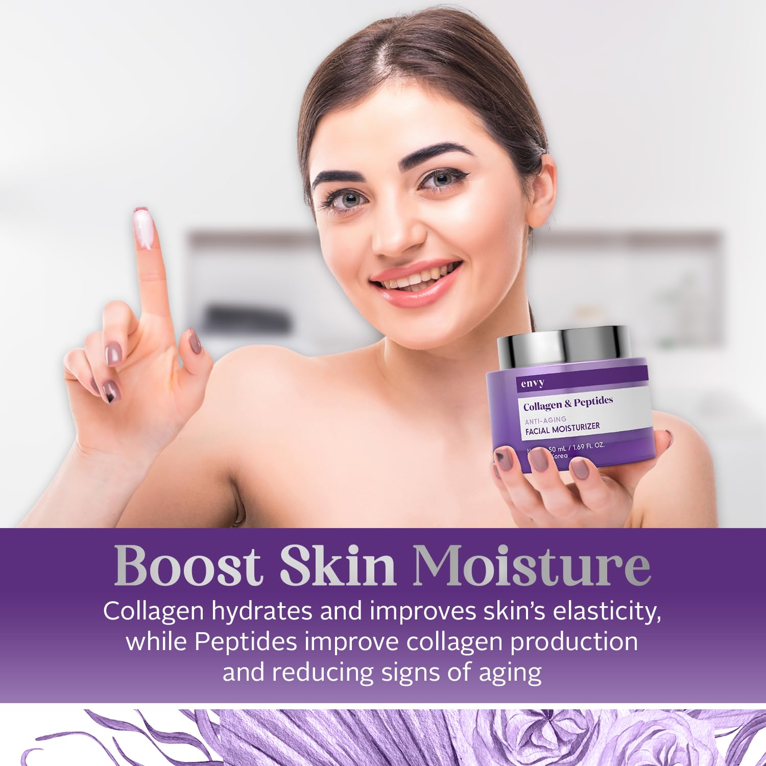 Elegant packaging of Envy Collagen & Peptides face moisturizer on vanity