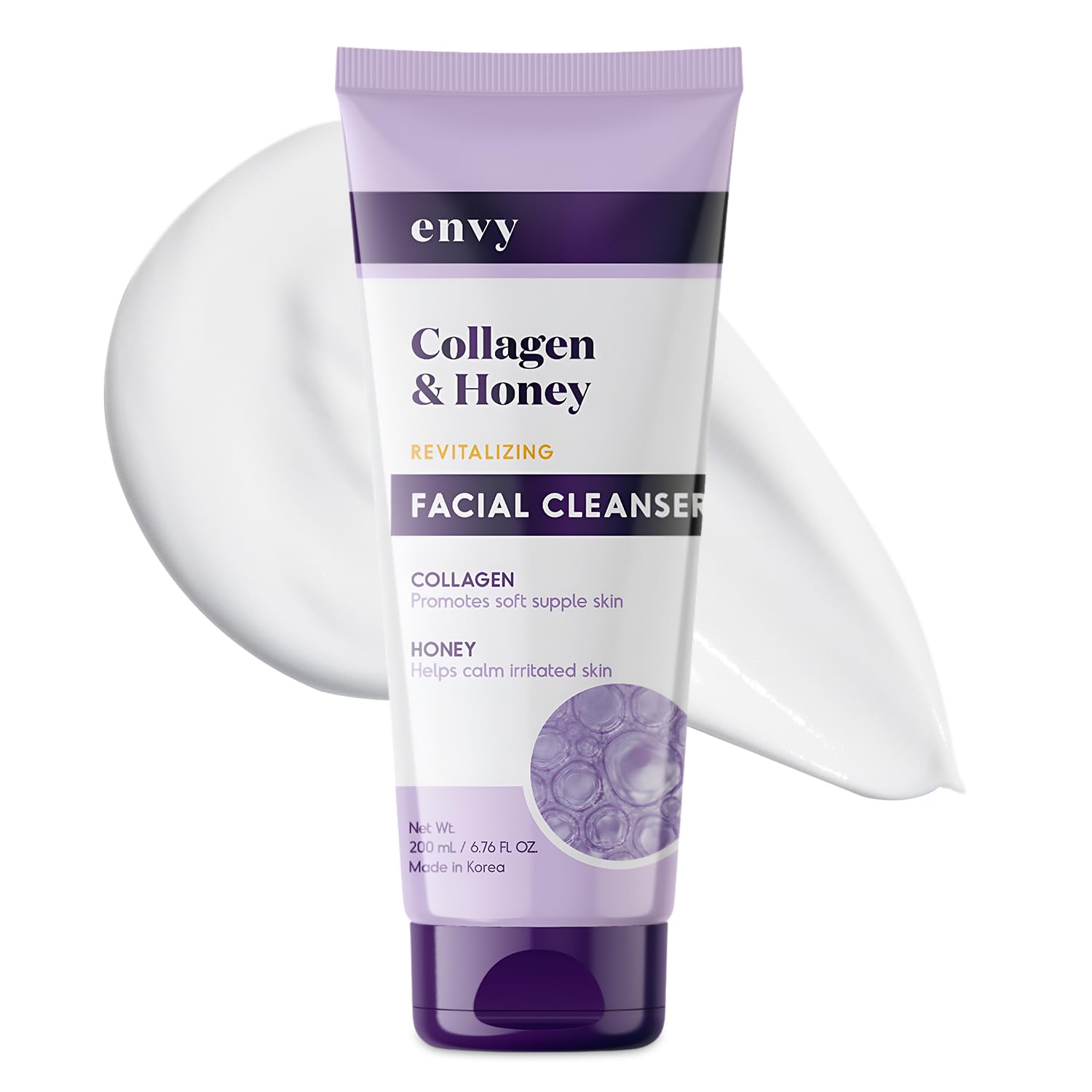 Envy facial cleanser bottle front view highlighting collagen and honey for hydration